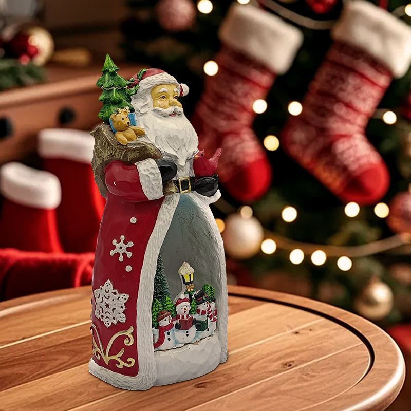Wholesale resin Santa Claus figurines with internal snowman winter scene decoration