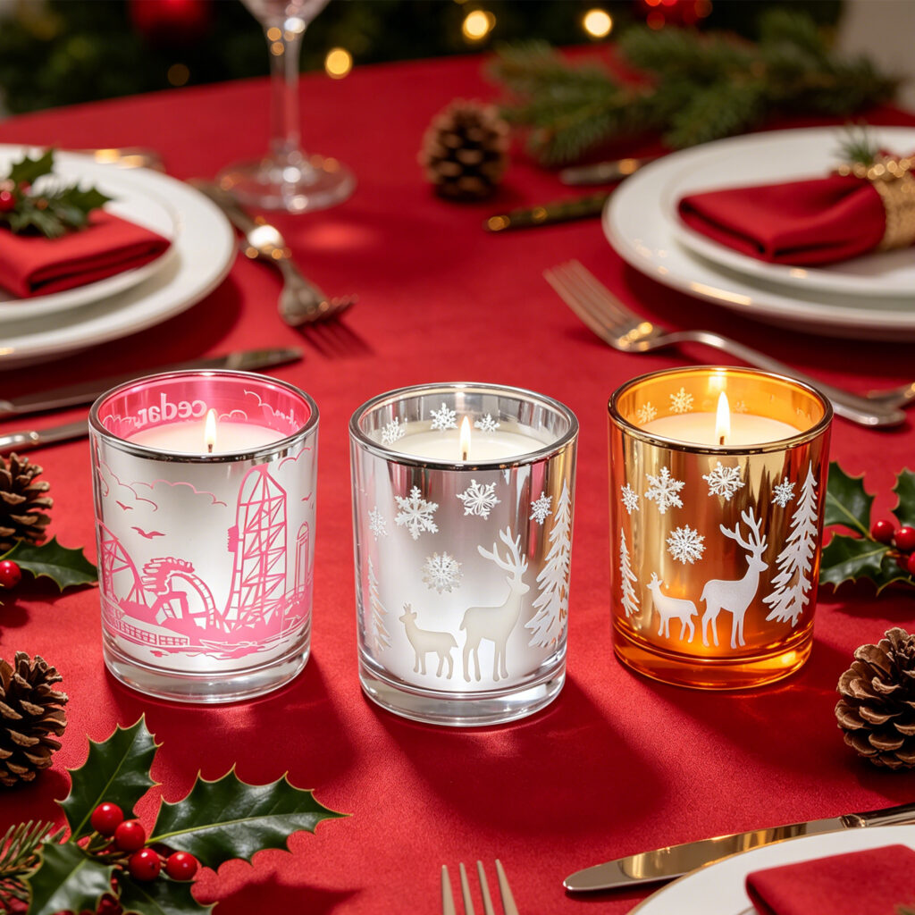 Wholesale Christmas glass candle holders with reindeer and snowflake patterns on red tabletop
