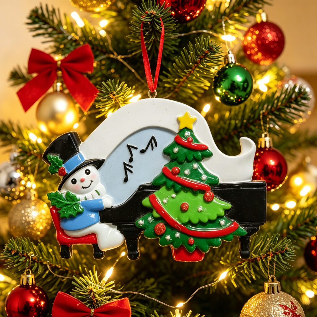 Bulk custom Christmas hanging ornaments with snowman playing piano on Xmas tree