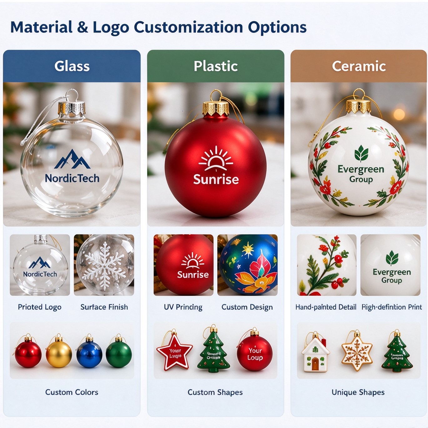 Glass plastic and ceramic Christmas ornaments with custom logos