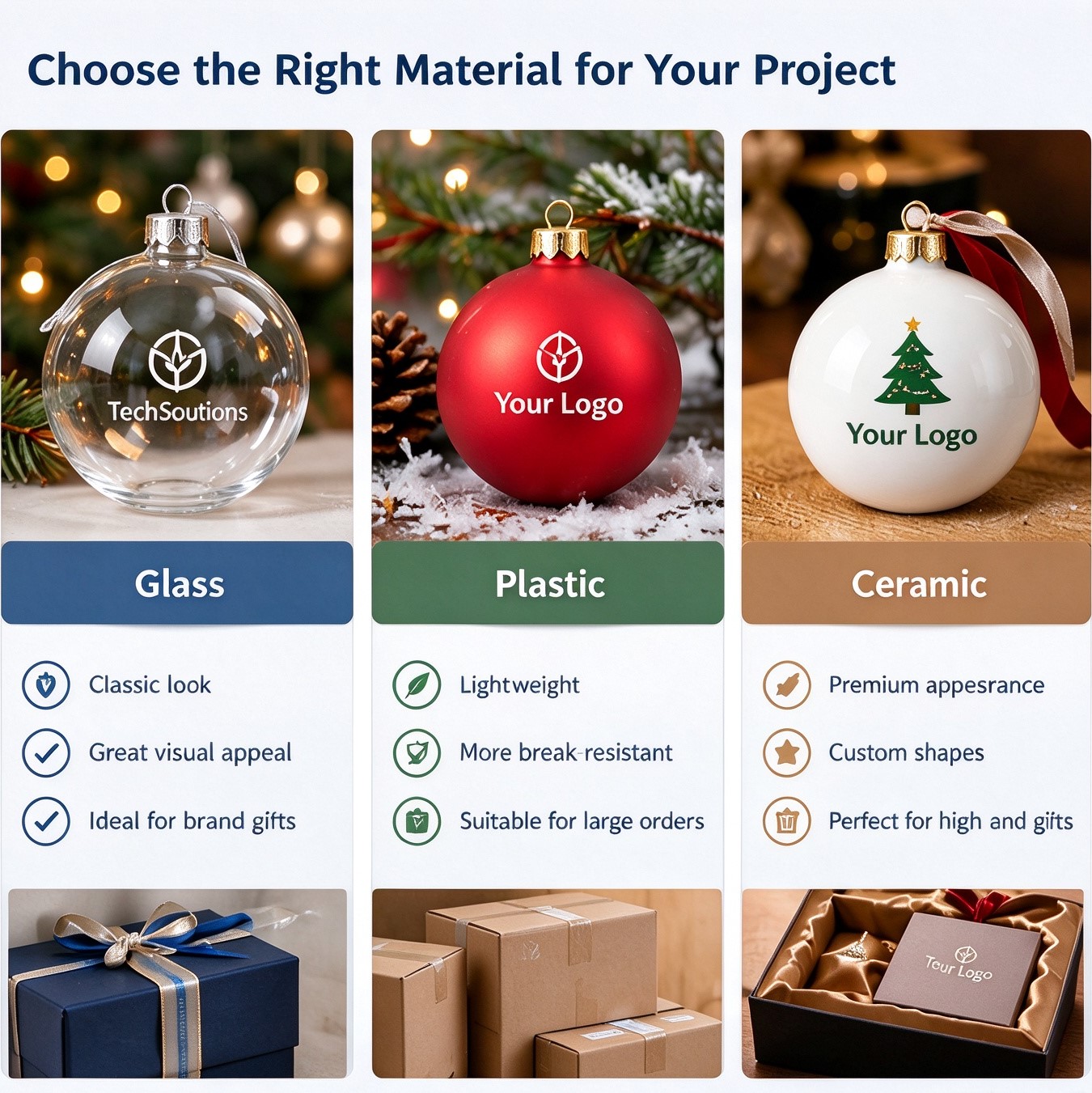 Glass plastic and ceramic Christmas ornaments for corporate projects