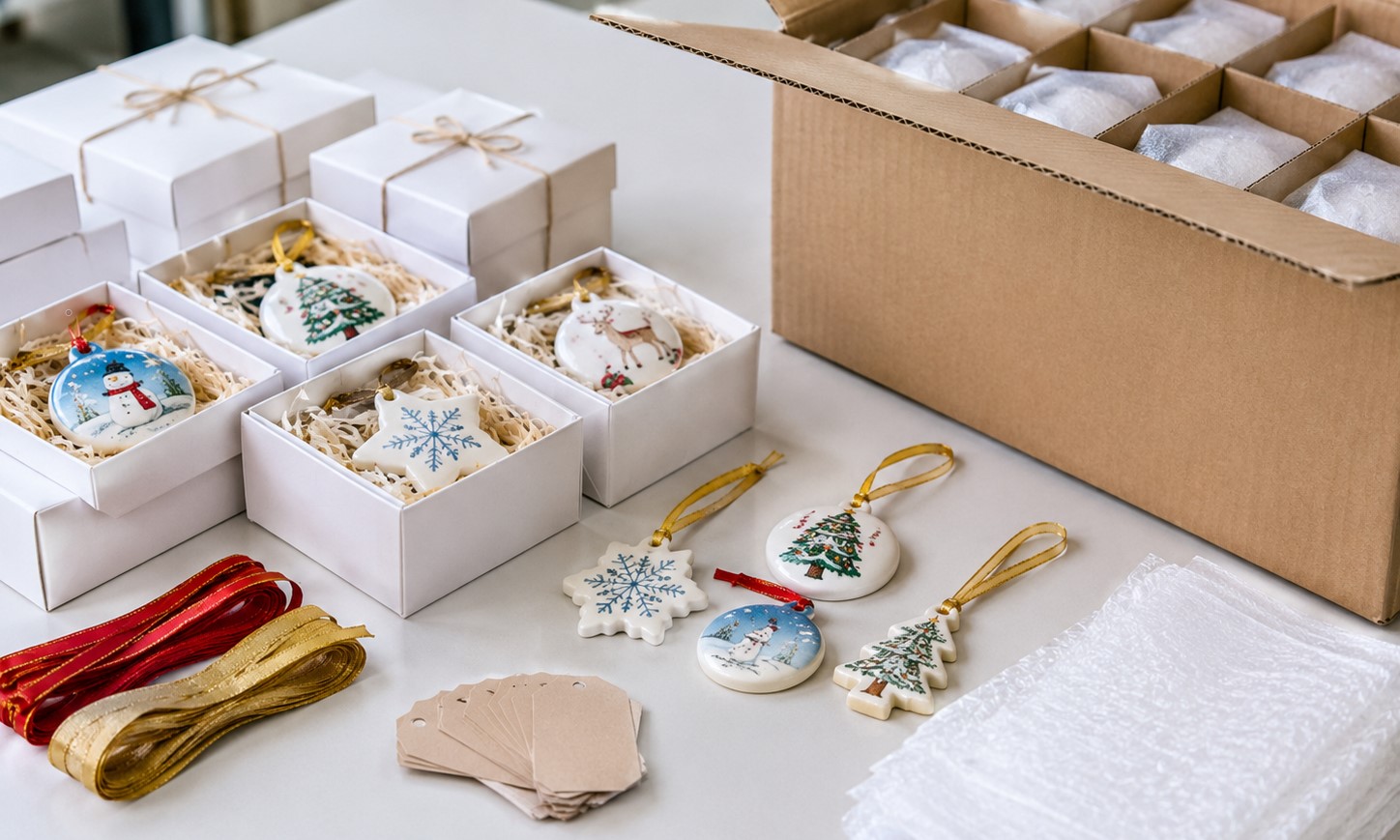 Protective packaging for bulk custom ceramic ornaments before shipment