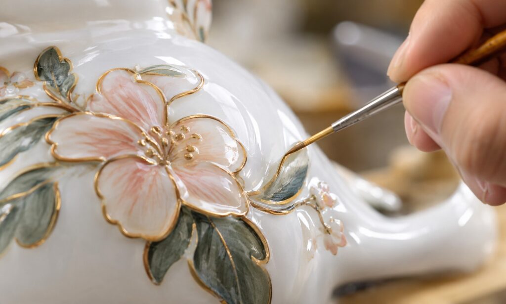 Close-up of glazed ceramic ornament surfaces and decorative finishes