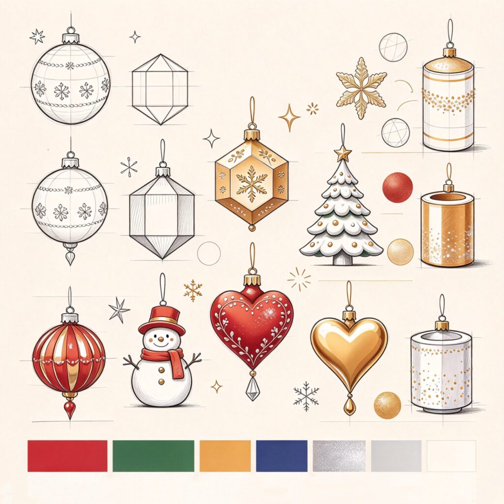 Custom Christmas ornament design concepts with different shapes, colors, and decorative styles