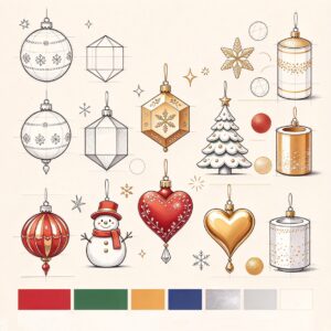 Custom Christmas ornament design concepts with different shapes, colors, and decorative styles