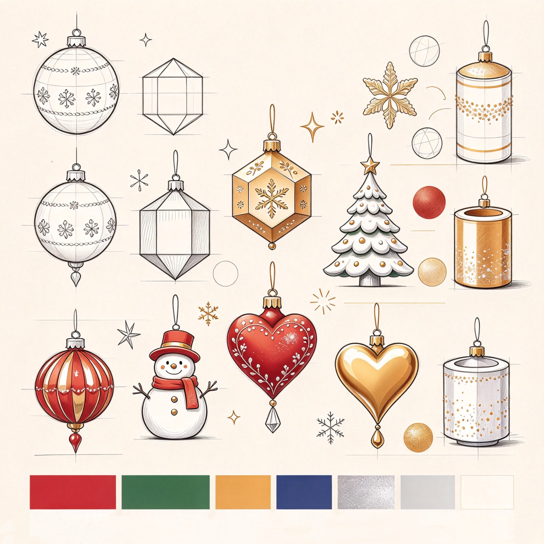 Custom Christmas ornament design concepts with different shapes, colors, and decorative styles