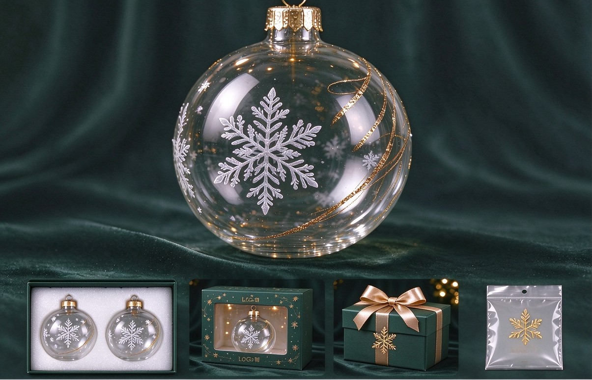 Custom glass ornaments with logo printing, painted finishes, and protective packaging