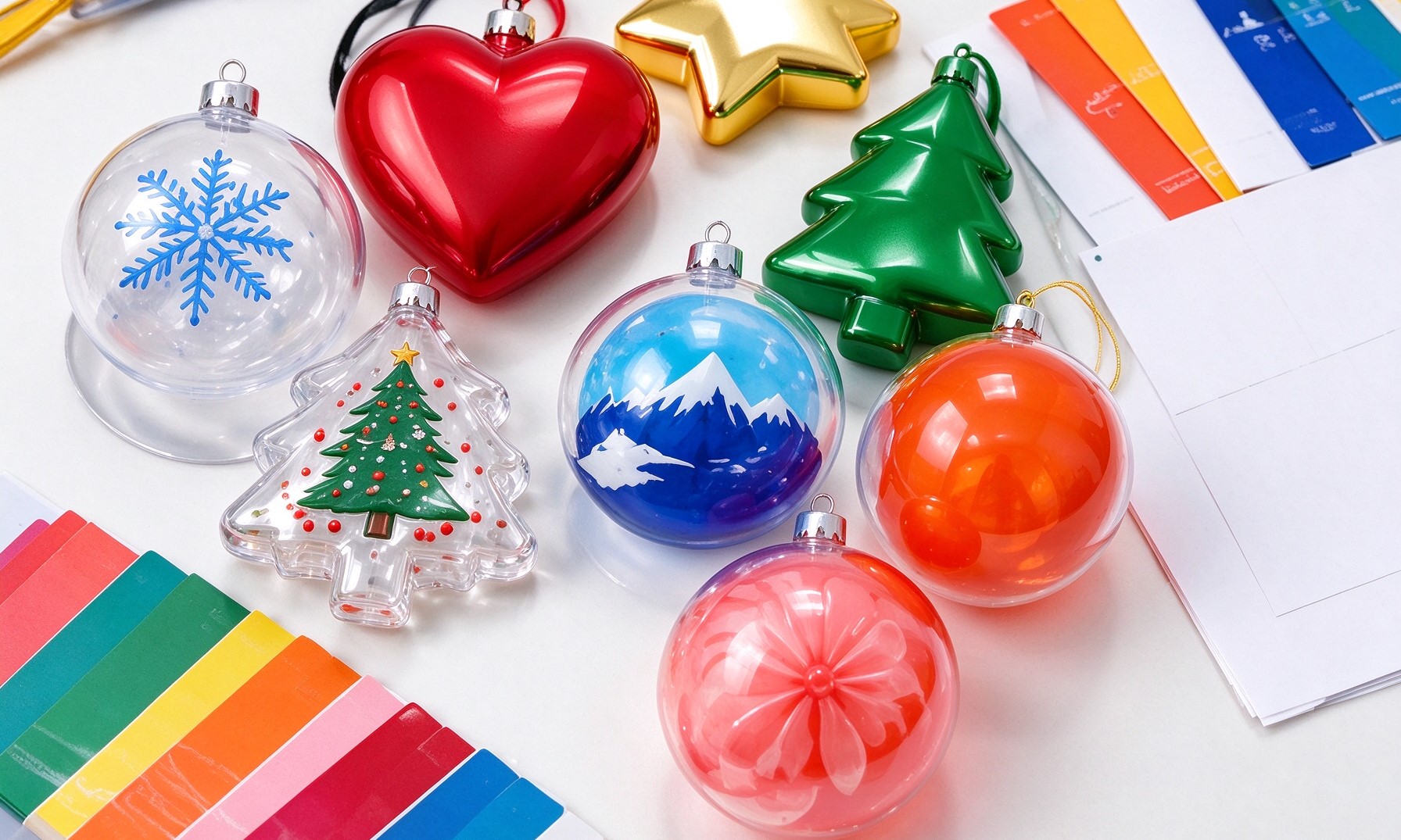 Custom plastic ornament shapes, colors, and surface finishes
