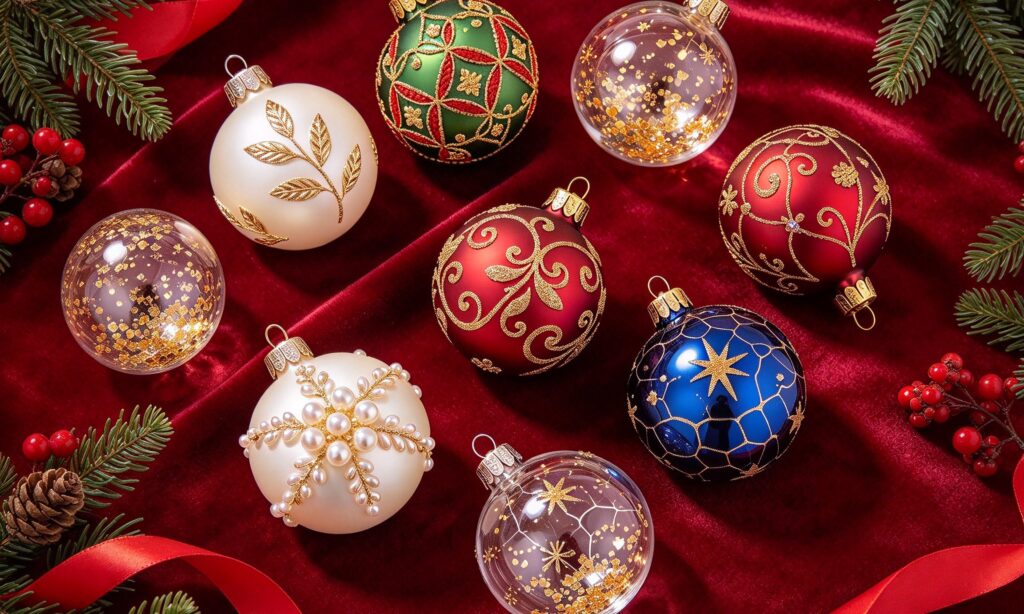 Handmade glass Christmas balls in different colors and decorative designs